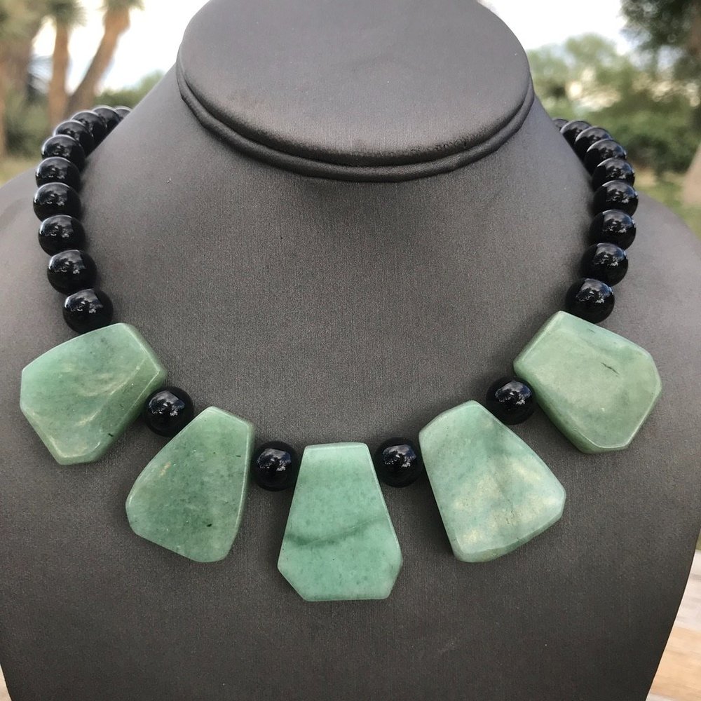 Genuine Natural Jade Nephrite Black Onyx Cleopatra Necklace Sterling Silver 925 - Picture 12 of 13